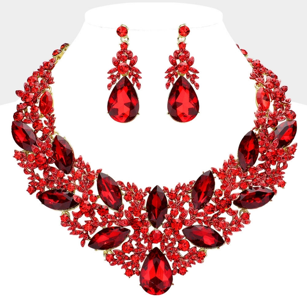 Red Crystal Teardrop Cluster Marquise Stone Evening Statement Necklace Set